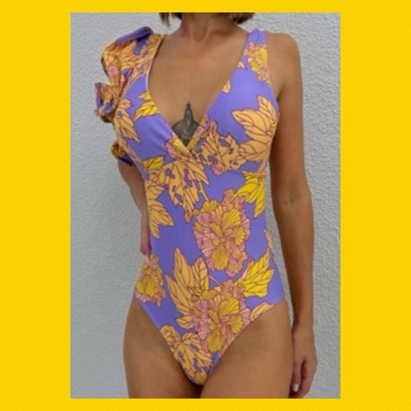 Purple and yellow fluffy sleeves one piece swimsuit. 1 - Picture 2 of 6